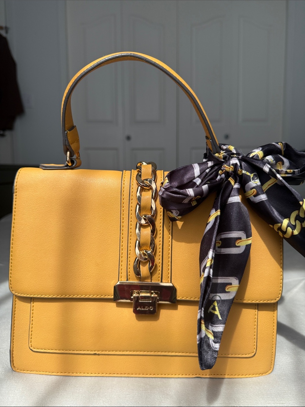 Aldo Mustard Yellow Top Handle Bag with Scarf & Chain Detail
